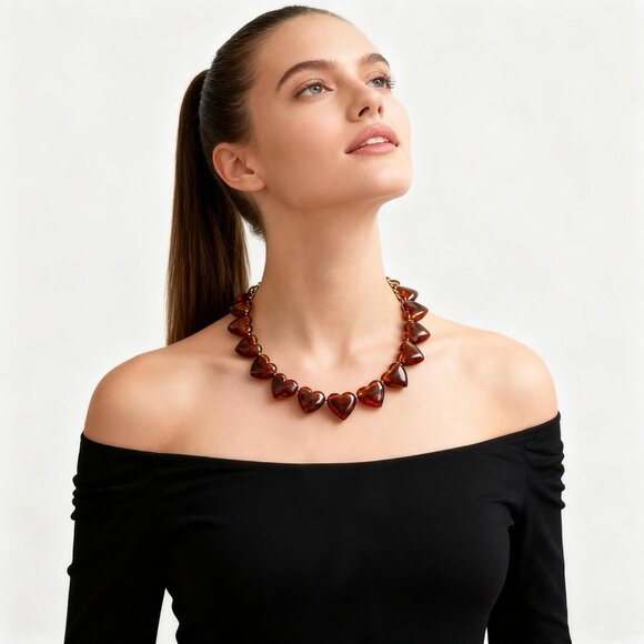 Women's Chunky Exaggerated Puff Heart Penadnt Acrylic Beaded Chain Necklace - Picture 3 of 6